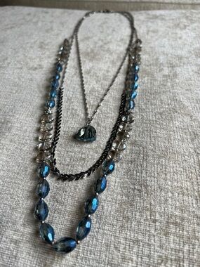 Multi Layered Blue Crystal Pendant Necklace with Silver Chains - Women Jewelry
